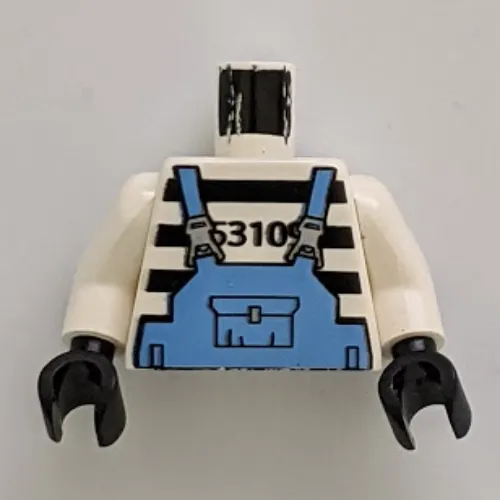 Torso Prison Shirt with Stripes and Medium Blue Overalls Print, White Arms, Black Hands