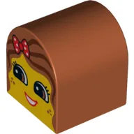 Duplo Brick 2 x 2 x 2 Curved Top with Girl Face, Red Lips, Open Smile, Freckles, Dark Orange Hair with Polka Dot Bow Print