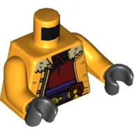 Torso Jacket with Tan Fur Collar, Open over Dark Red Undershirt, Utility Belt Print, Bright Light Orange Arms, Black Hands