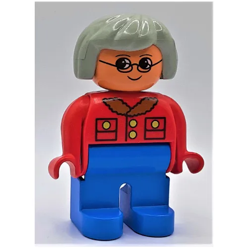 Duplo Figure, Early, Hair Bob Light Gray, Blue Legs, Jacket with Pockets and Collar, Glasses Print