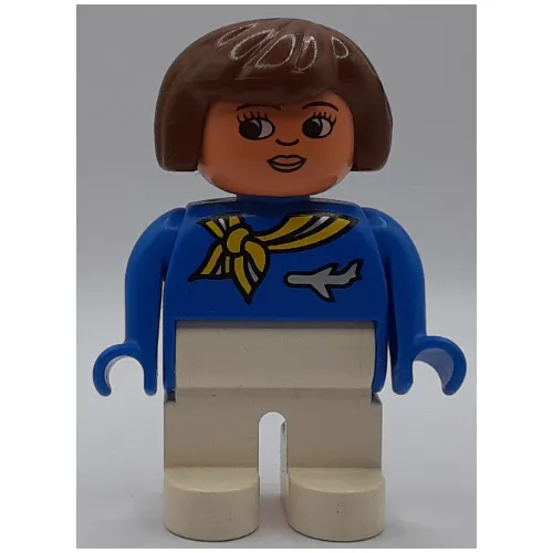 Duplo Figure, Early, Hair Bob Brown, White Legs, Yellow Scarf and Airplane, Turned Down Nose Print