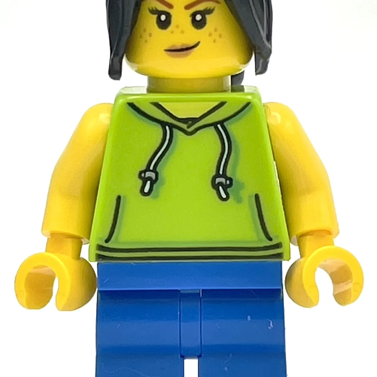 Woman, Lime Hoodie, Blue Legs, Black Hair