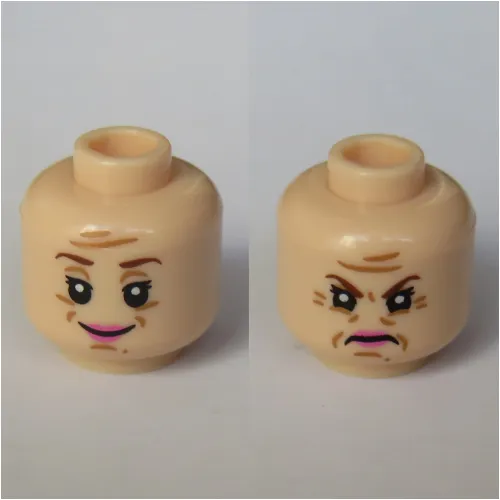 Minifig Head Dolores Umbridge, Dual Sided, Pink Lips, White Pupils, Reddish Brown Eyebrows Print [Hollow Stud]
