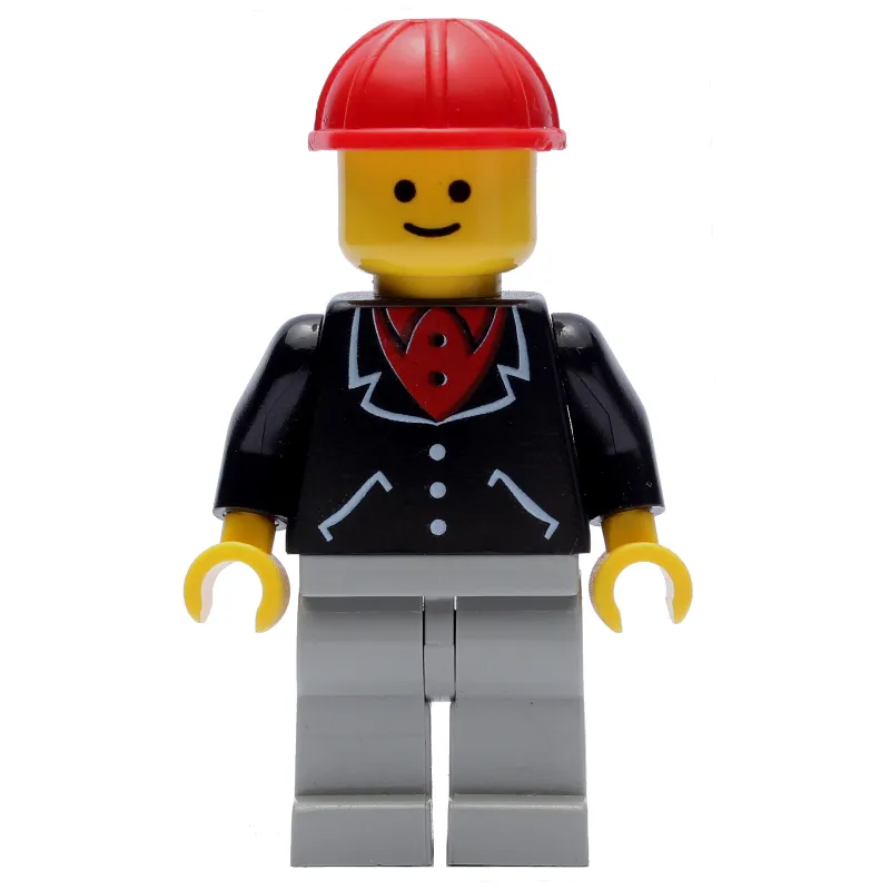 Man, Black Jacket over Red Shirt, Light Gray Legs, Red Hard Hat