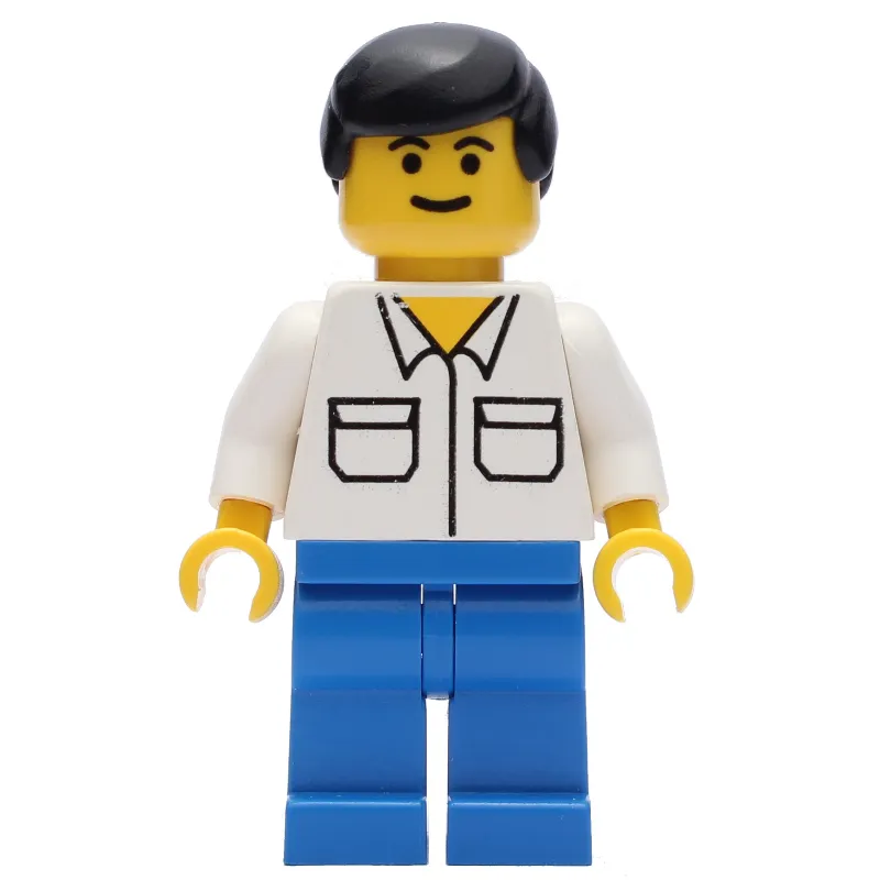 Man, White Shirt with Pockets, Blue Legs, Black Hair