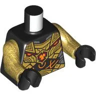 Torso Armour, Gold and Dark Bluish Gray Plates with Orange and Dark Red Symbol and Circuitry Print, Pearl Gold Arms, Black Hands