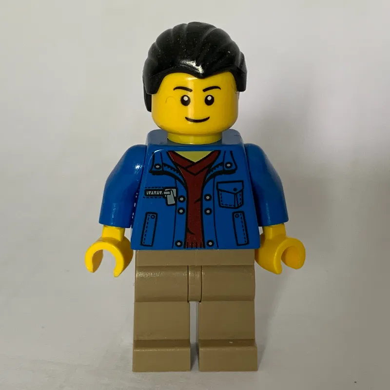 Man, Blue Jacket over Dark Red Shirt, Dark Tan Legs, Black Legs