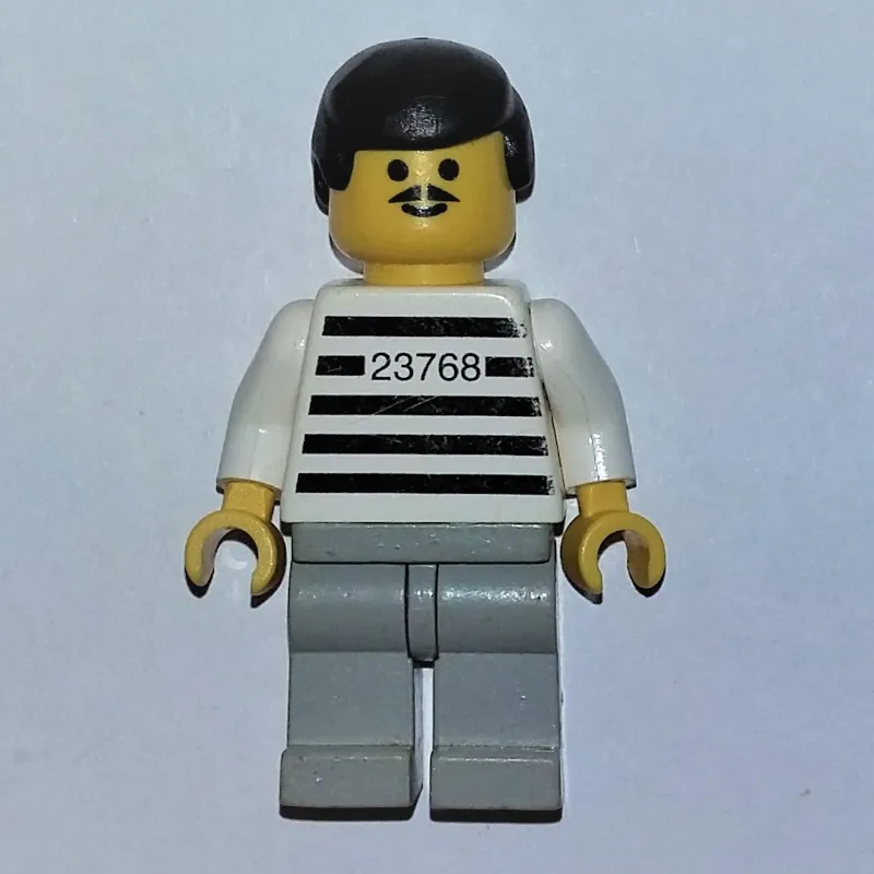 Jailbreak Joe, Prison Shirt with #23768, Light Bluish Gray Legs, Black Hair, Moustache