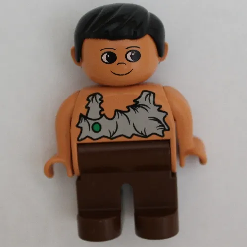 Duplo Figure, Early, with Short Parted Hair Black, Brown Legs, Rag Shirt with Green Spot Print (Caveman)