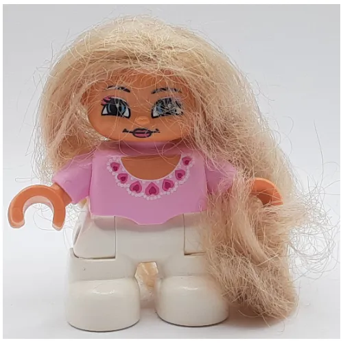 Duplo Figure with Soft Hair Blonde, White Legs, Round Neck with Dark Pink Hearts Print