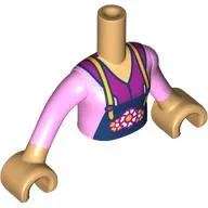 Minidoll Torso Girl with Dark Blue Apron, Flowers, Bright Pink and Magenta Shirt print, Warm Tan Arms and Hands