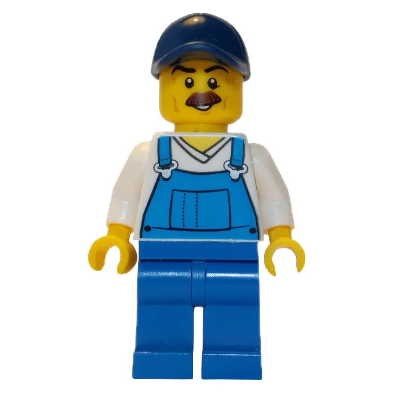 Man, Blue Overalls over White V-Neck Shirt, Dark Blue Cap, Moustache