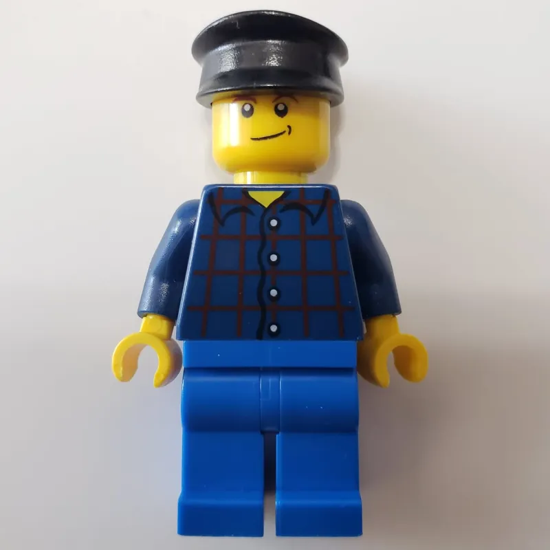 Man, Dark Blue Plaid Shirt, Blue Legs, Black Hat