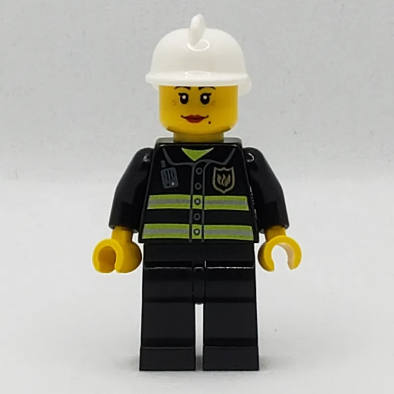 Firewoman, Black Fire Jacket with Radio and Badge, White Helmet