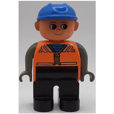 Duplo Figure, Early, Hard Hat Blue, Black Legs, Dark Gray Arms, Vest with Zipper Print