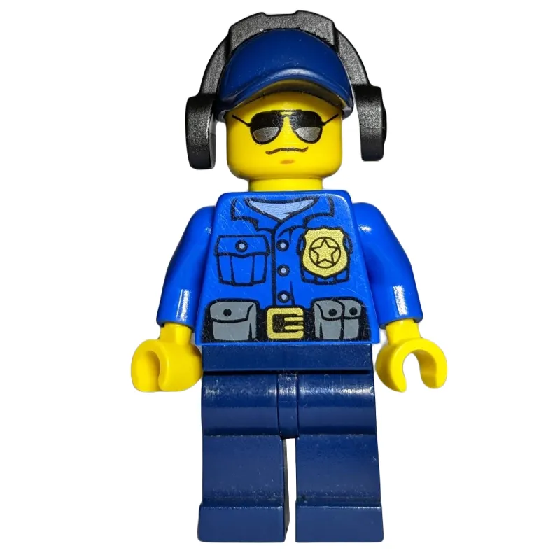 Policeman, Blue Shirt with Badge and Pouches, Dark Blue Legs, Dark Blue Cap with Ear Defenders, Sunglasses