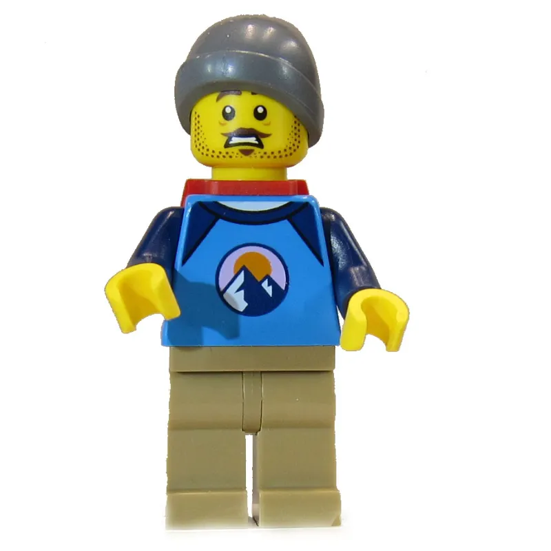 Man, Dark Azure Shirt, Dark Tan Legs, Dark Bluish Gray Hat, Red Backpack