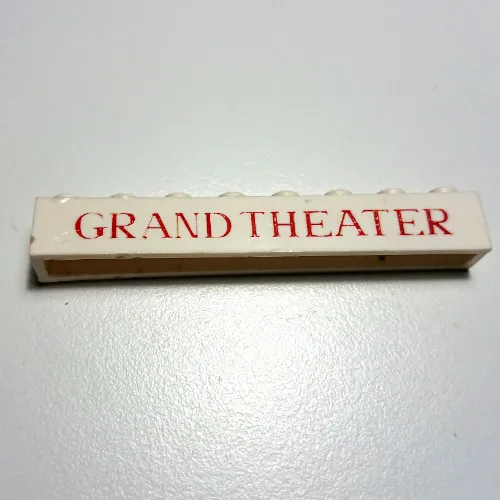 Brick 1 x 8 without Bottom Tubes with Cross Side Supports with 'GRAND THEATER' Thin Red Print