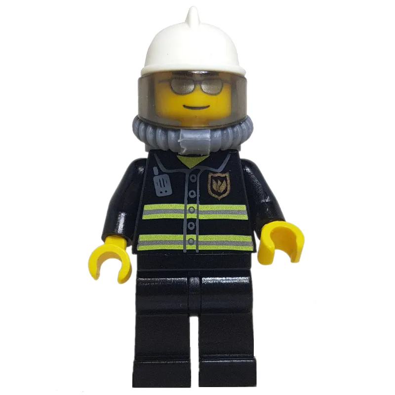 Fireman, Black Fire Jacket with Reflective Stripes, Radio, and Badge, White Helmet, Breathing Apparatus, Airtanks, Silver Sunglasses