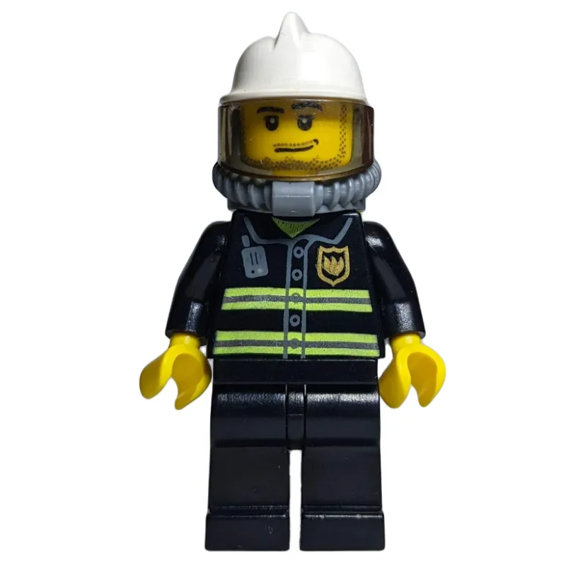 Fireman, Black Fire Jacket with Reflective Stripes, Radio, and Badge, White Helmet, Breathing Apparatus, Airtanks, Stubble