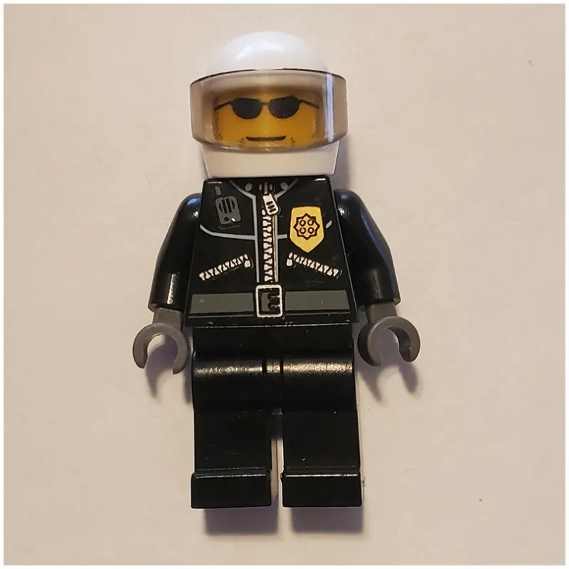 Policeman, Black Jacket with Zipper, Radio, and Badge, White Helmet and Visor, Sunglasses