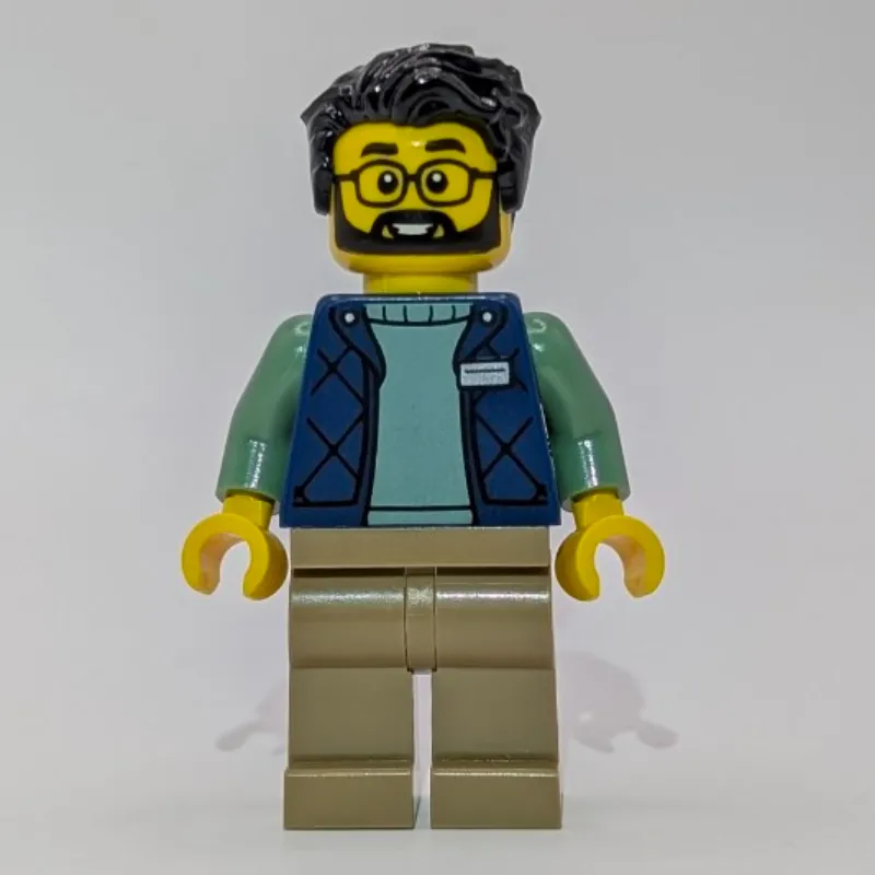 LEGO Employee, Dark Blue Torso, Dark Tan Legs, Black Hair