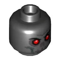 Minifig Head, Evil Skull with Scowl, White Print, Red Eyes Print