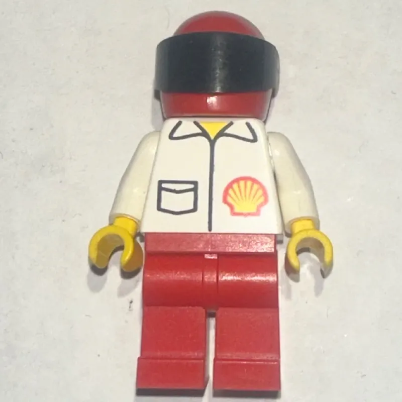 Racer, White Shirt with Shell Logo, Red Legs, Red Helmet with Visor
