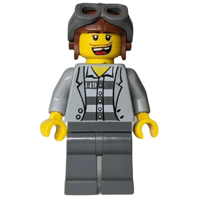 Criminal, Open Light Bluish Gray Jacket over Prison Shirt, Reddish Brown Hat with Goggles