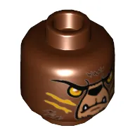 Minifig Head Bladvic, Dual Sided, Bear, Orange Eyes, Medium Nougat Face, Orange Slash Marks Print [Hollow Stud]