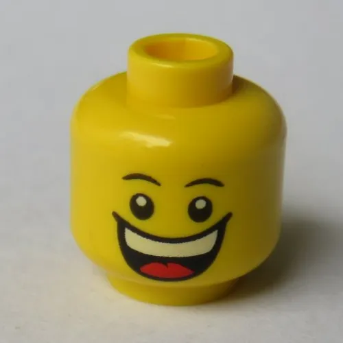 Minifig Head, Huge Grin, White Pupils, Eyebrows / Sad with Tear Print [Hollow Stud]