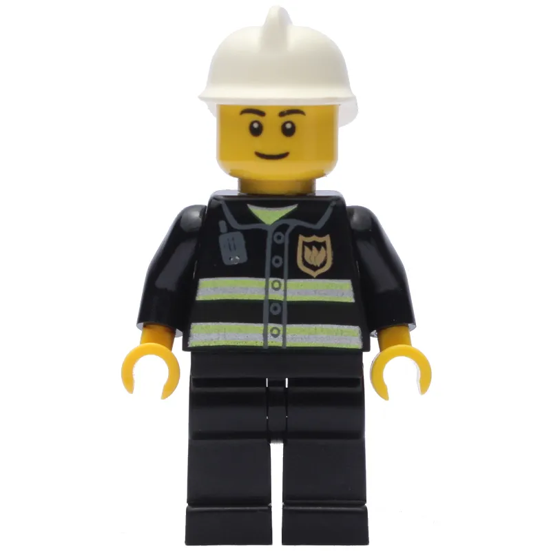 Fireman, Black Fire Jacket with Reflective Stripes, Radio, and Badge, White Helmet