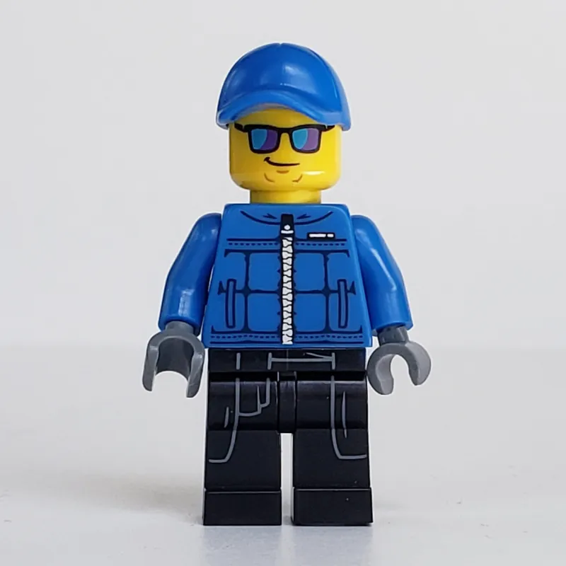 Policeman, Blue Jacket with Zipper, Blue Cap, Blue and Purple Sunglasses