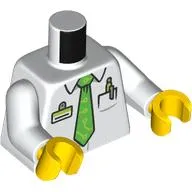 Torso, ID Badge, Pens in Pocket, Bright Green Tie Print, White Arms, Yellow Hands