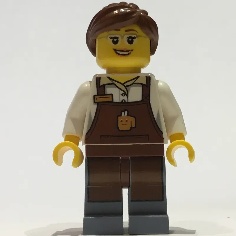 Barista, Woman, White Torso, Reddish Brown Apron, Reddish Brown Hair, Glasses