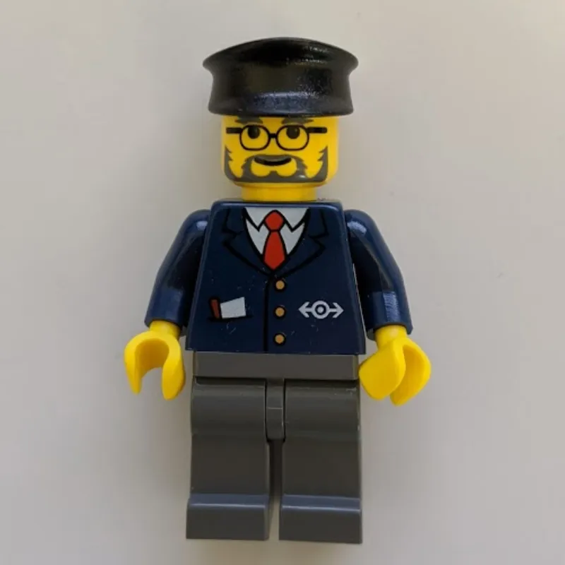 Train Worker, Blue Jacket with Train Logo, Black Hat, Beard and Glasses