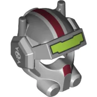 Helmet, Visor, Headset, Breathing Apparatus with Dark Red Stripe, Skull on Ear Protectors, and Lime Visor Print