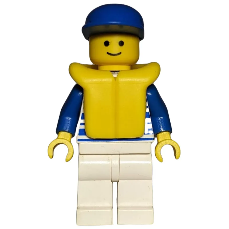 White/Blue Striped Torso, White Legs, Blue Cap, Life Vest