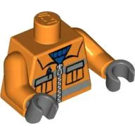 Torso Safety Jacket with Zipper, Pockets, and Blue Shirt / 2012 The LEGO Store Elizabeth, NJ on Back Print, Orange Arms, Dark Bluish Gray Hands