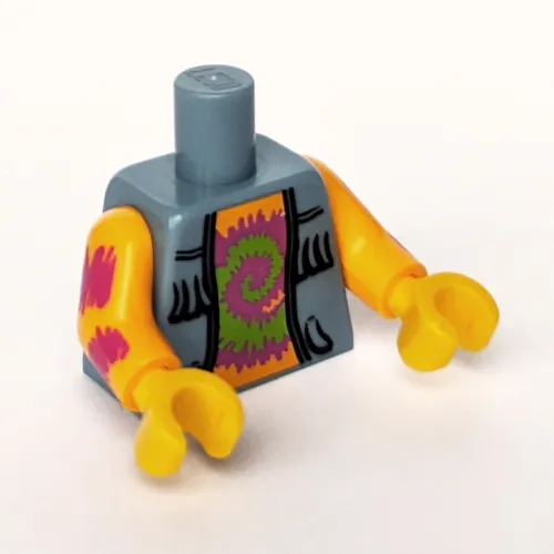 Torso Vest with Fringe over Orange Top with Pink and Lime Swirl Print, Bright Light Orange Arms, Yellow Hands