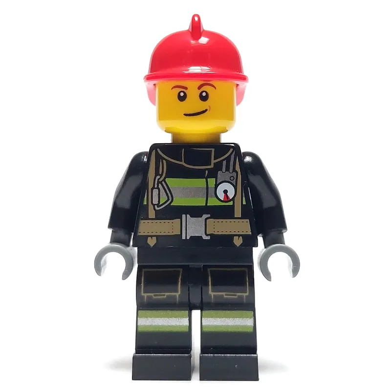 Fireman, Black Fire Suit with Gauge and Straps, Red Helmet