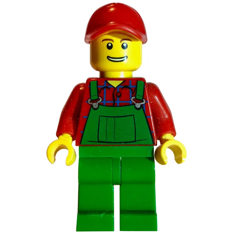 Man, Green Overalls over Red Shirt, Red Cap