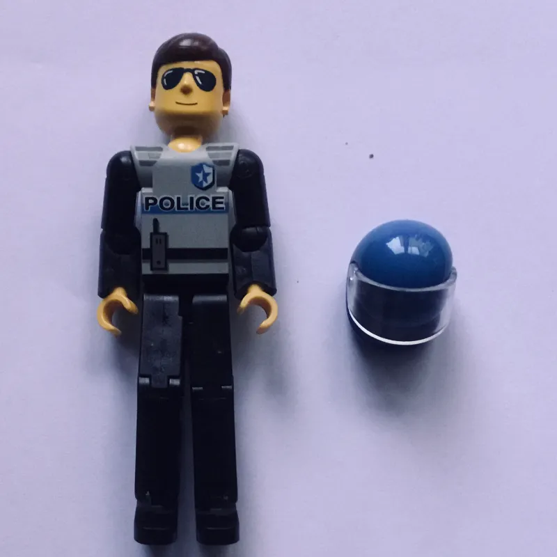 Technic Figure Black Legs, Light Gray Top with Police Print, Black Arms, Blue Helmet