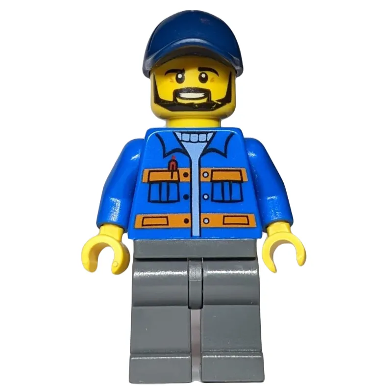 Worker, Blue Jacket with Orange Stripes, Dark Bluish Gray Legs, Dark Blue Cap