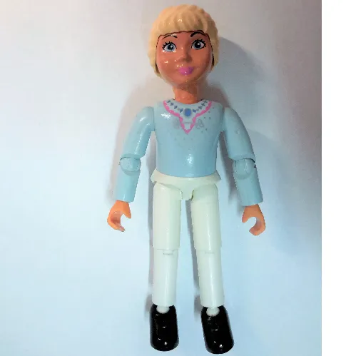 Belville Figure Articulated Elbows, Child, Female, Light Yellow Hair, White Pants, Bright Light Blue Top with Dark Pink Trim and Necklace Print