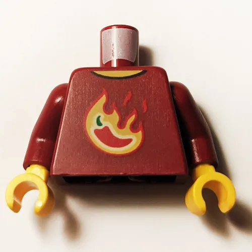Torso, Flaming Red Pepper/Chili print, Dark Red Arms, Yellow Hands