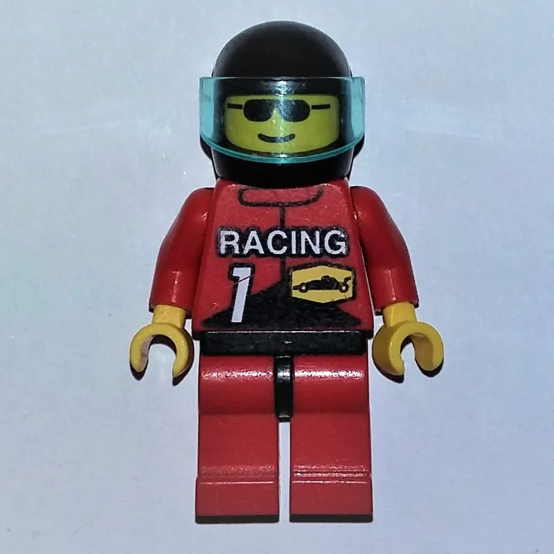 Racer, Red Jacket with 'RACING' and '1', Black Helmet with Visor, Sunglasses