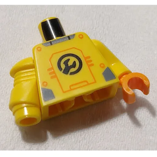 Torso Wrench, Electricity Warning, Orange Lines Print, Yellow Left Arm with Black S Print, Orange Hand, Yellow Mechanical Right Arm