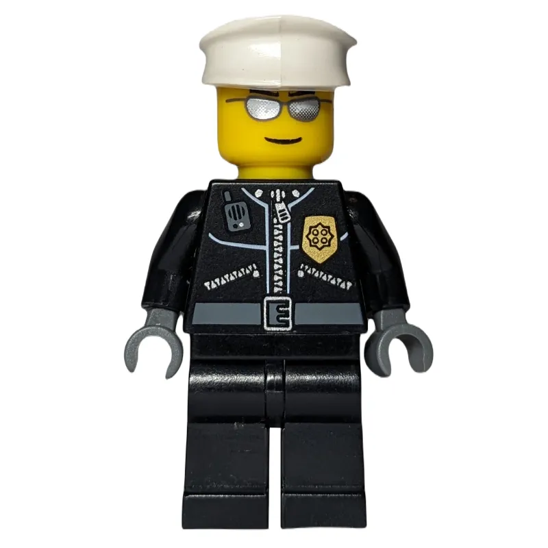 Policeman, Black Jacket with Zipper and Badge, White Hat, Silver Sunglasses