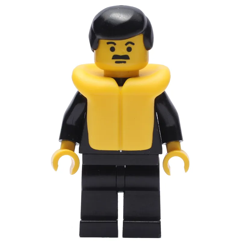 Policeman, Black Suit with Tie and Badge, Black Hair, Yellow Life Vest, Moustache